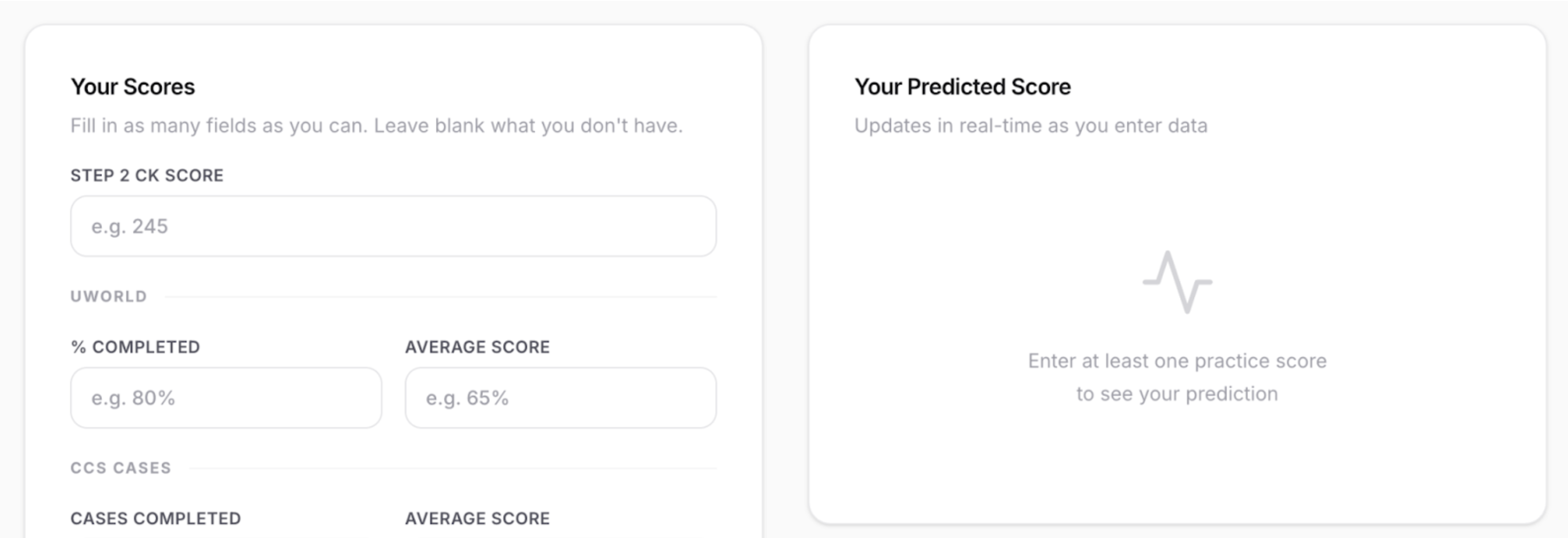 Step 3 Score Predictor tool showing estimated score range and pass likelihood
